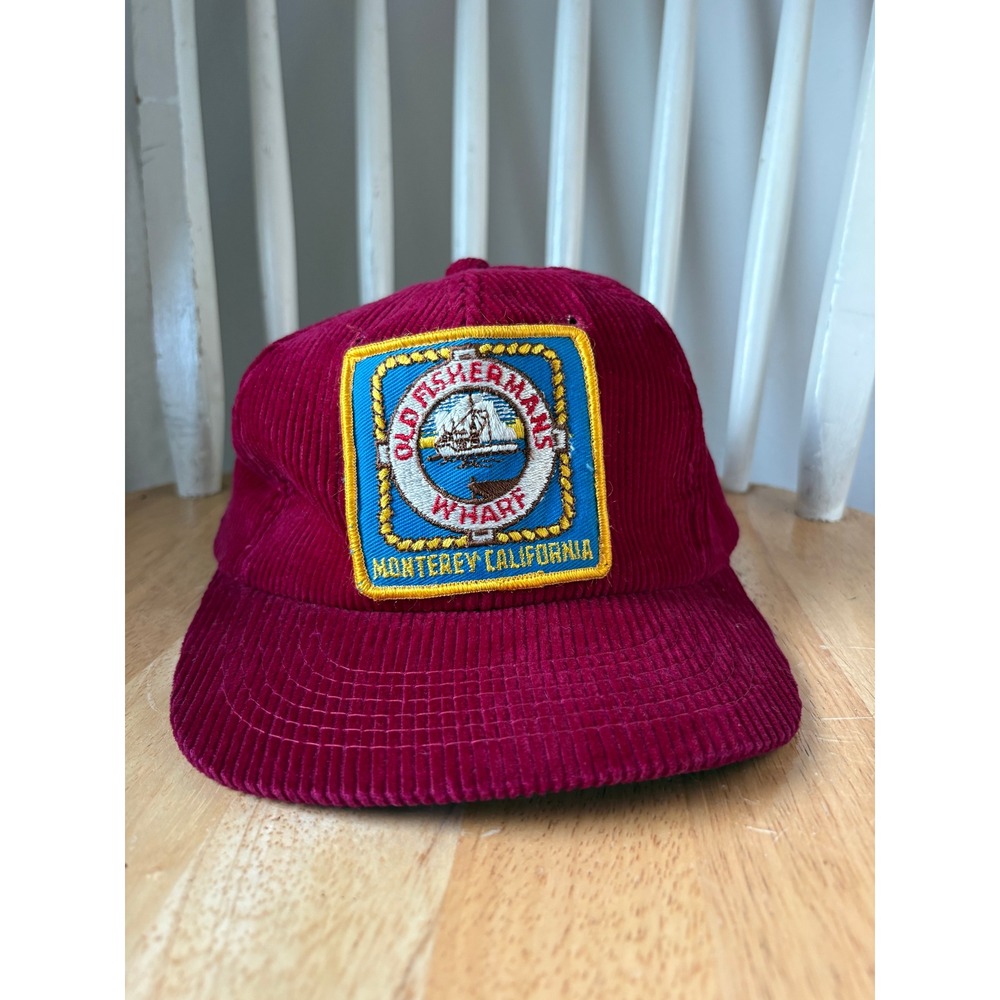 Vintage 80s 90s Fishermans Warf Corduroy Snapback Hat OSFM Maroon Monterey Cali